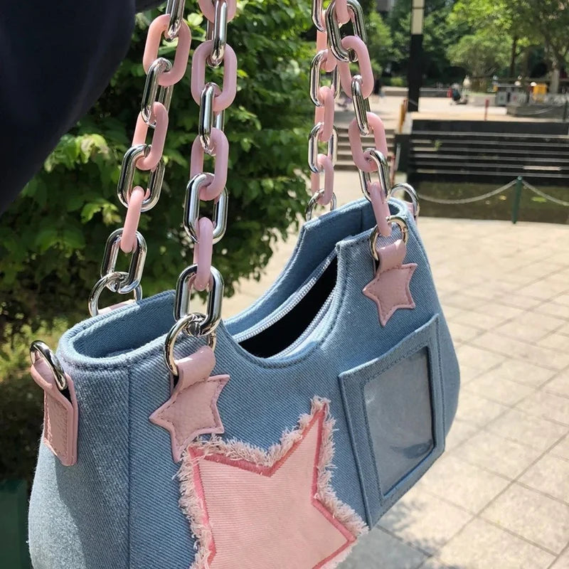 Denim Y2K Pink Star Bag