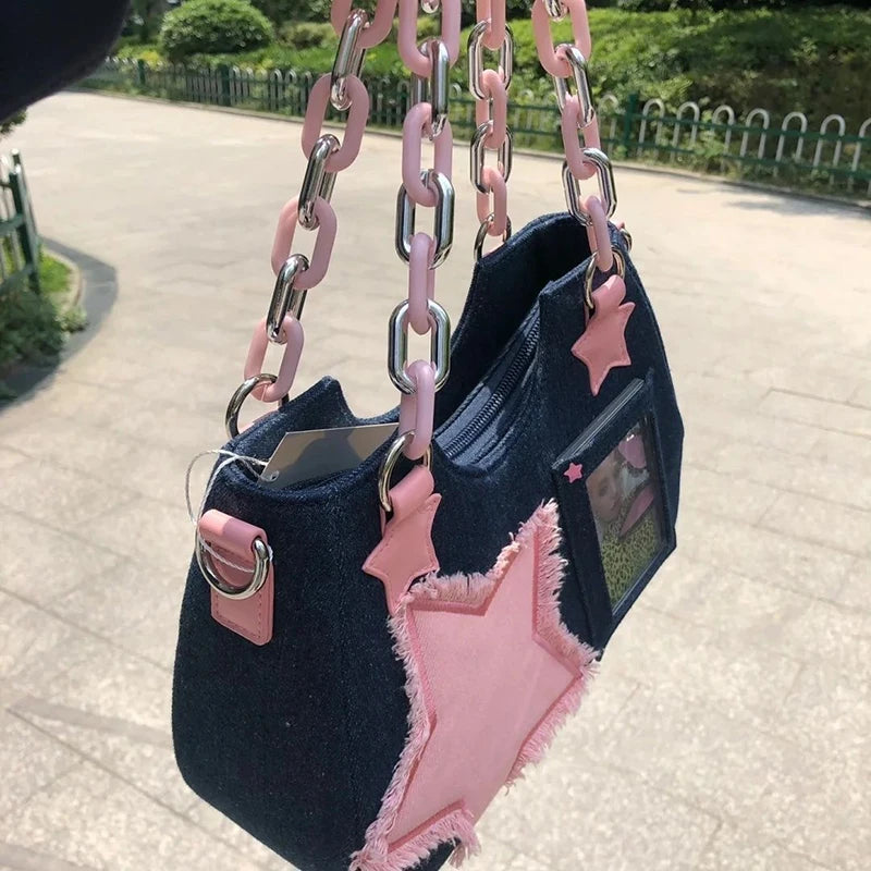 Denim Y2K Pink Star Bag
