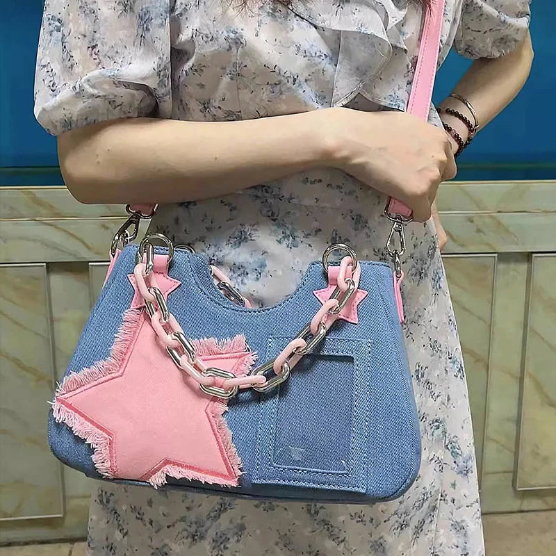 Denim Y2K Pink Star Bag