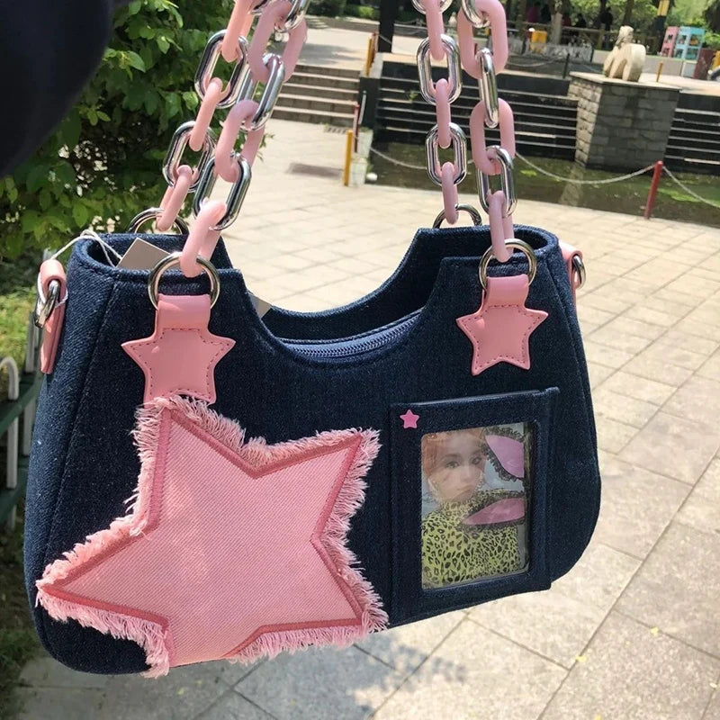 Denim Y2K Pink Star Bag