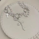 Multi-layer Twin Necklace Stringed Pearls Cross