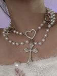 Multi-layer Twin Necklace Stringed Pearls Cross