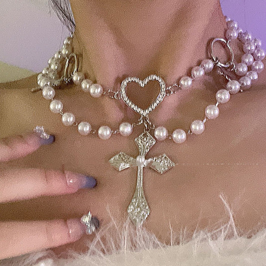 Classy Goth Heart Pearly Cross Necklace