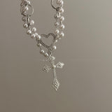 Multi-layer Twin Necklace Stringed Pearls Cross