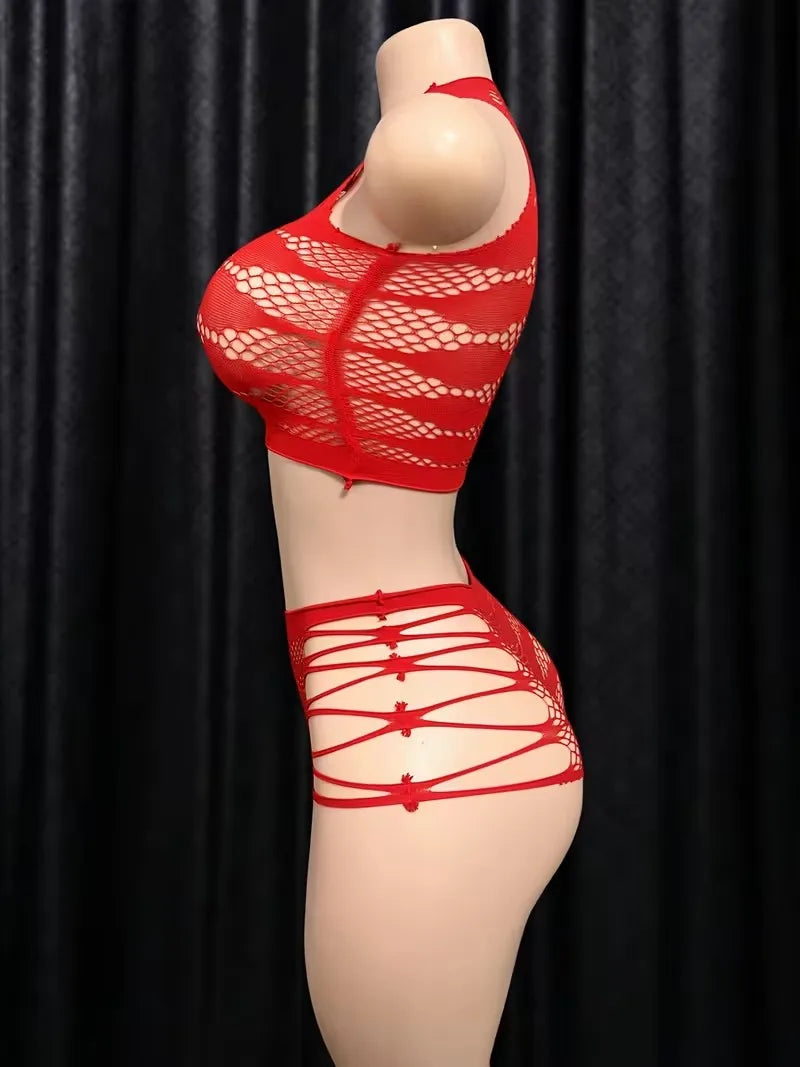 Fishnet Halter Two Piece Shorts Set