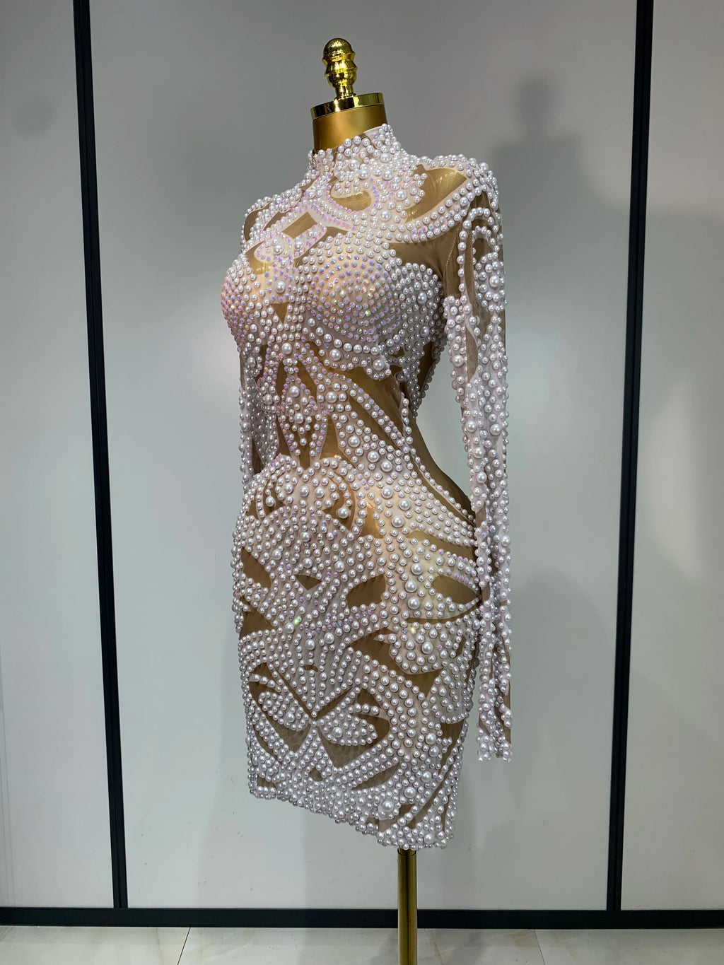 White Rhinestone Pearl Mesh