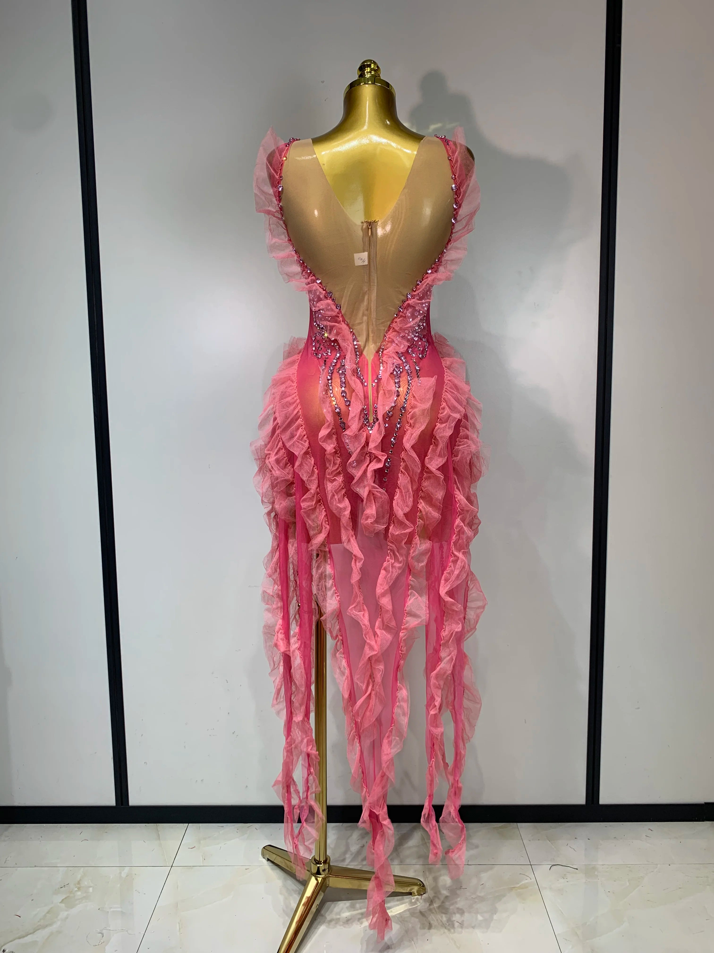Pink Rhinestone Mesh Dress