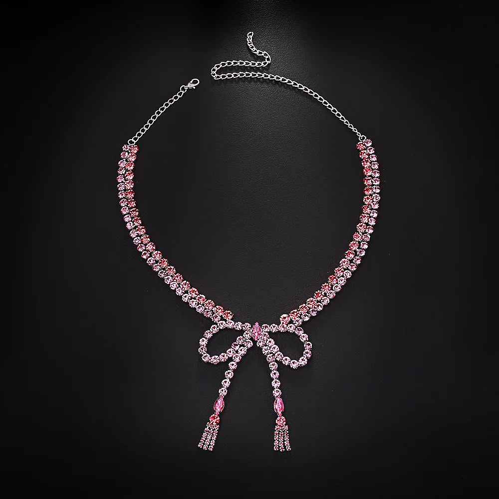Pink Bow Rhinestone Choker Necklace
