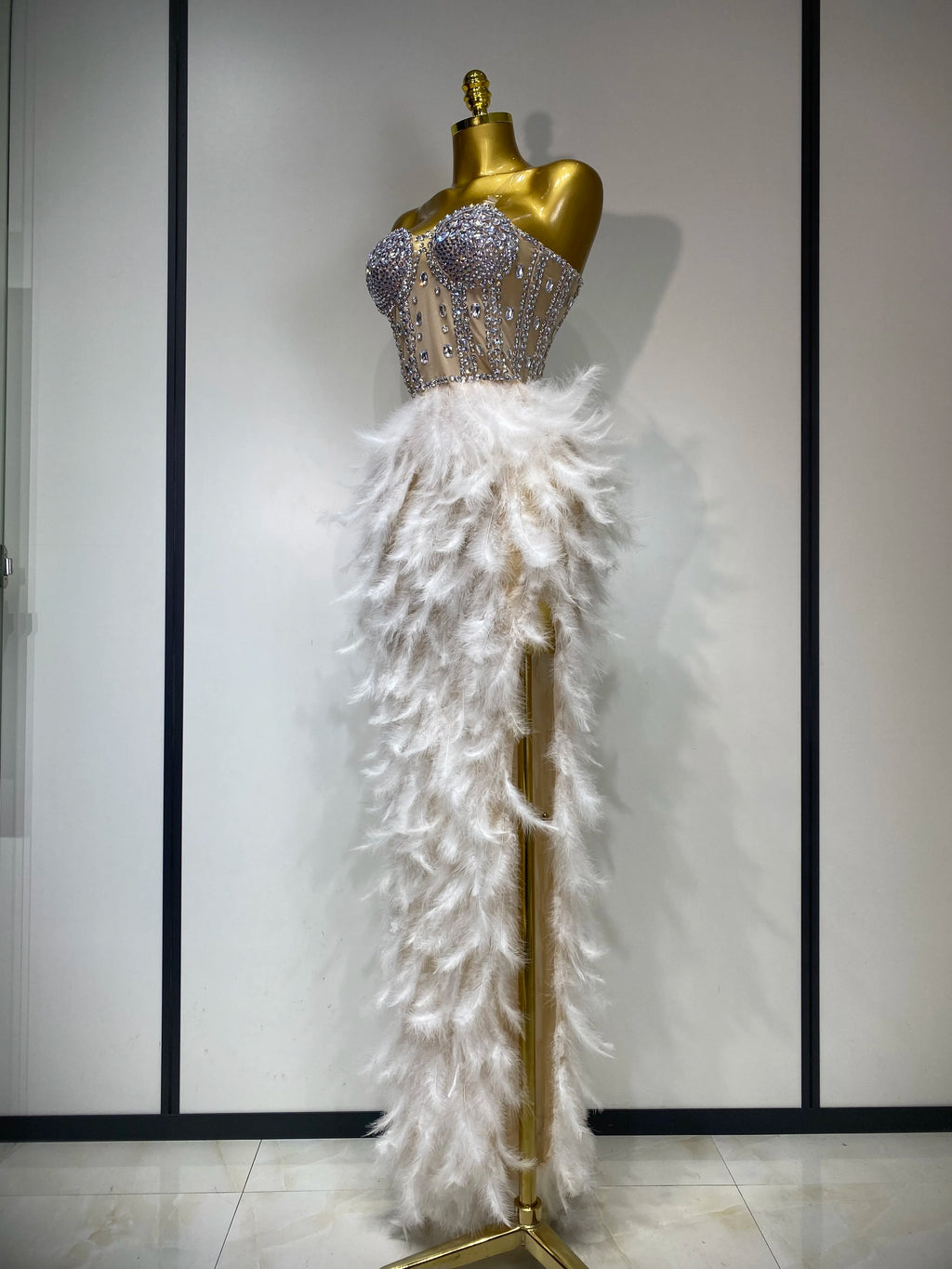 Sparkly Rhinestone Feather Mesh Dress