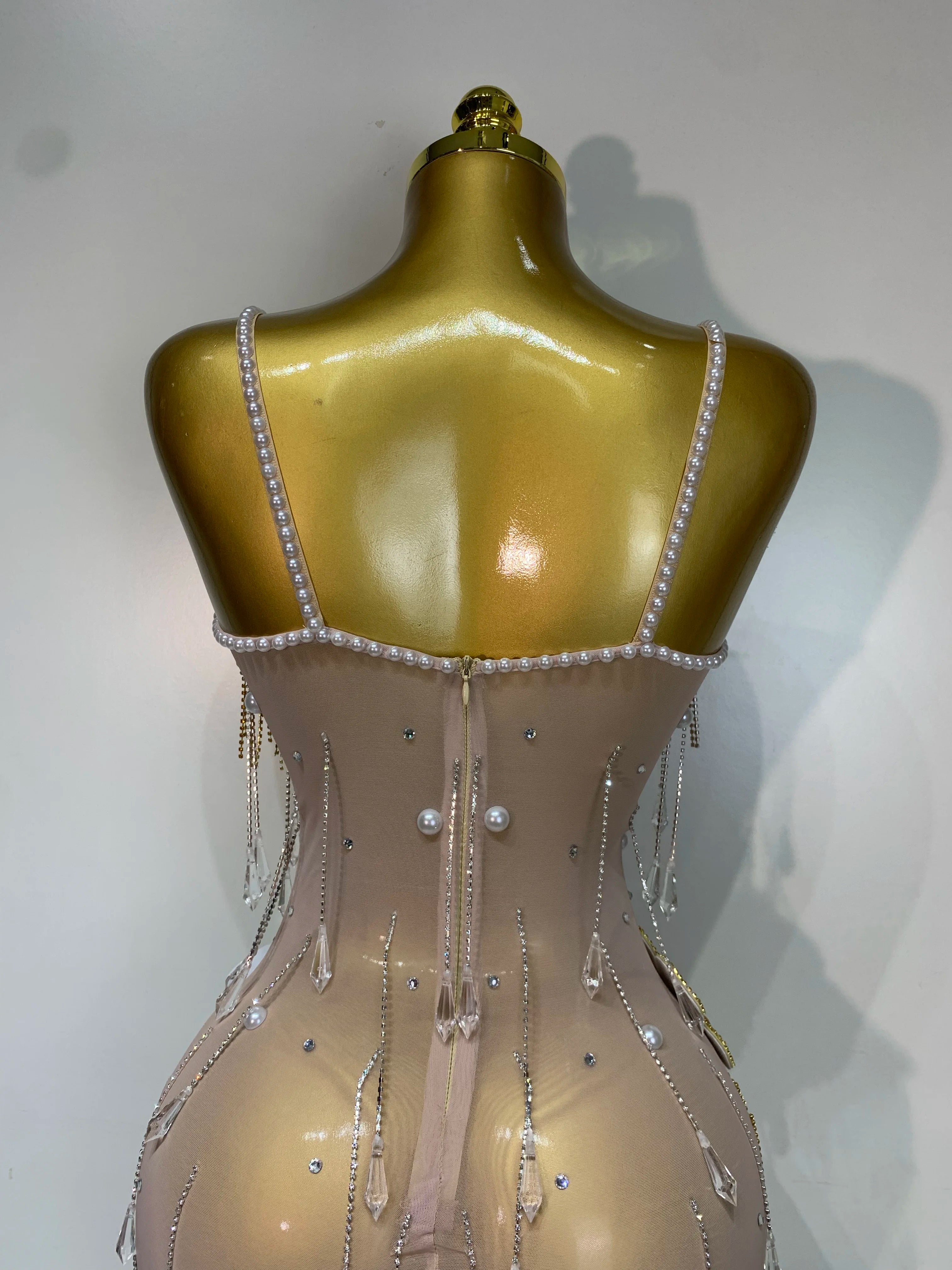 Flower Rhinestone Pearl Mesh Mini Dress