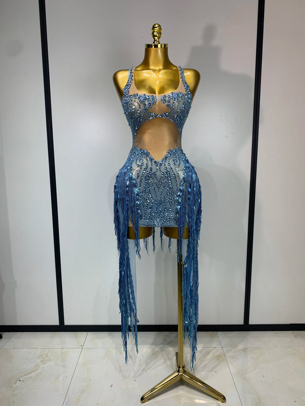 Sparkly Blue Rhinestone Mesh Dress