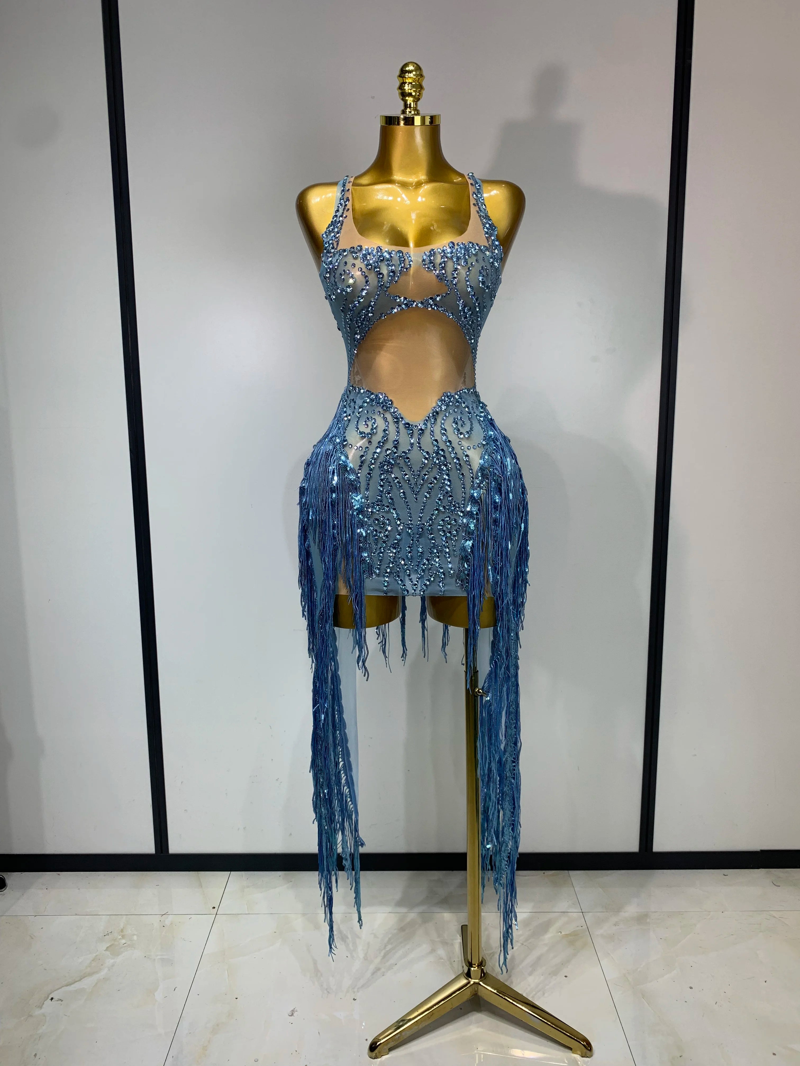 Sparkly Blue Rhinestone Mesh Dress