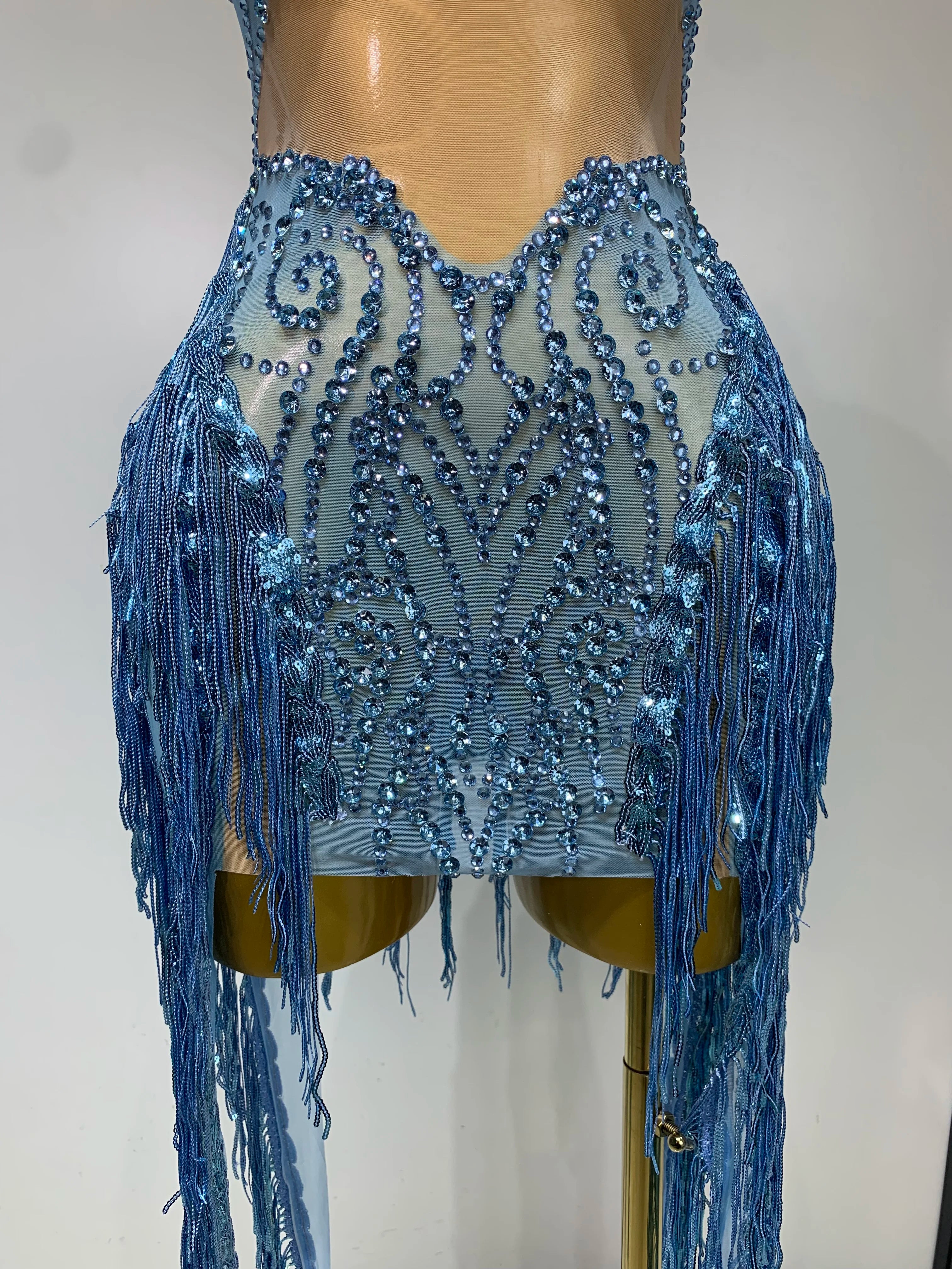 Sparkly Blue Rhinestone Mesh Dress