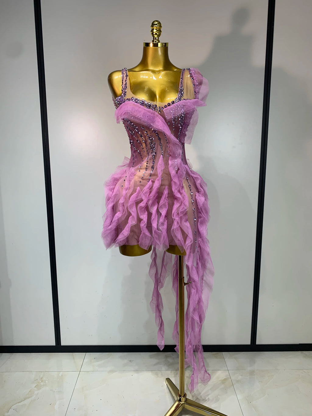 Purple Rhinestone Mini Mesh Dress