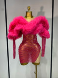 Pink Long Sleeve Rhinestone Mesh Mini Dress