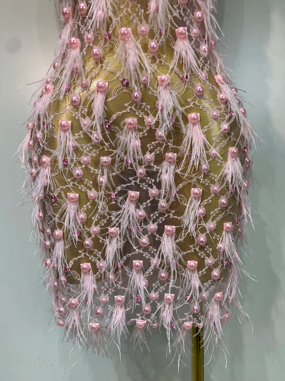 Pink Pearls Feather Lace Mini Dress