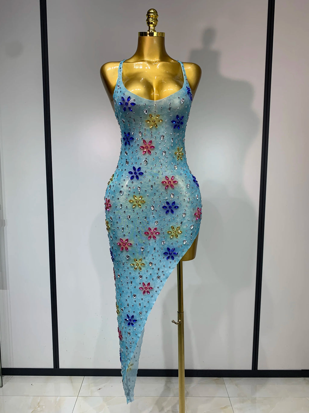 Sparkly Diamonds High Split Mesh Dress