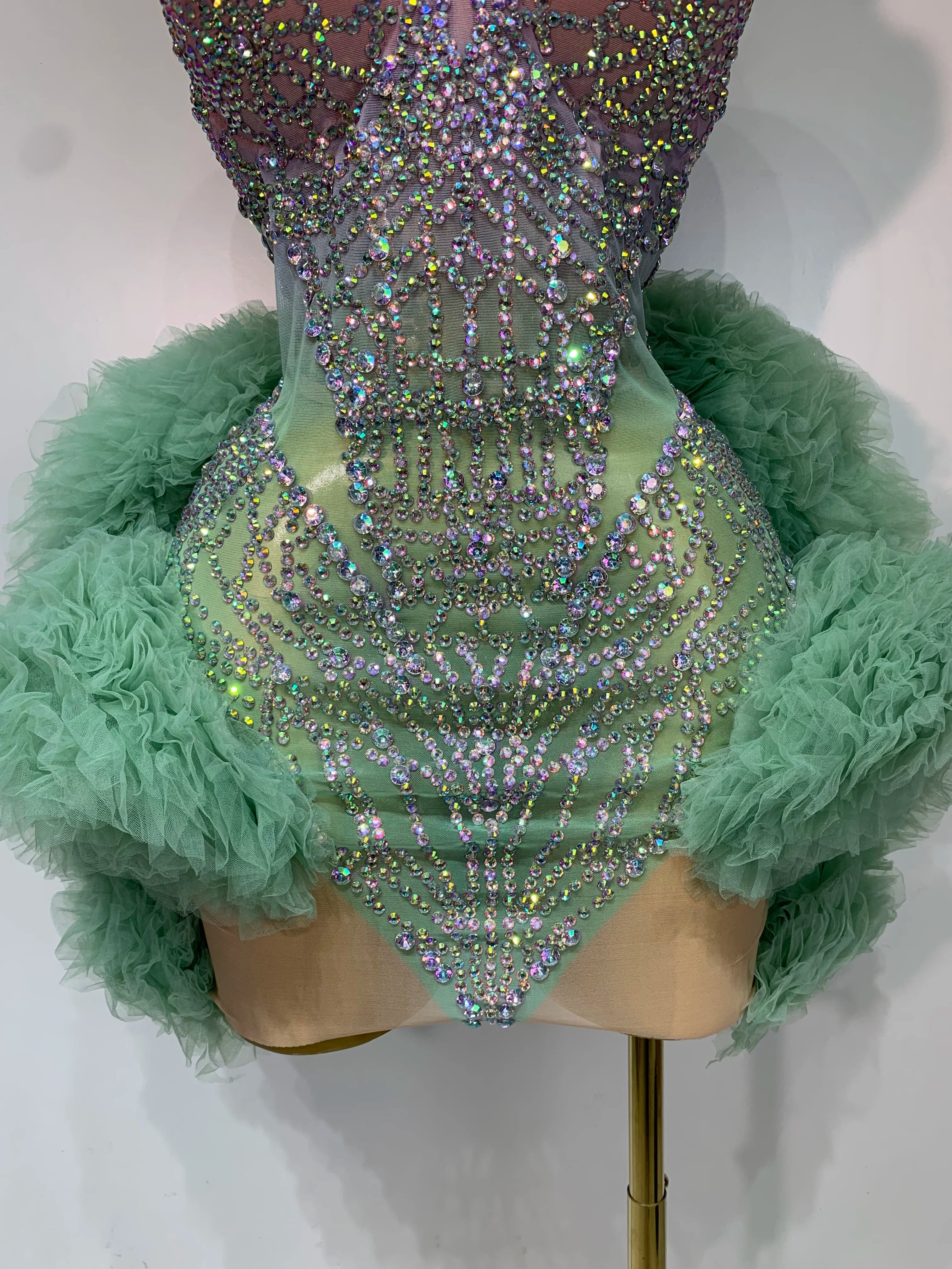 Green Pink Ombre Diamonds Mesh Dress