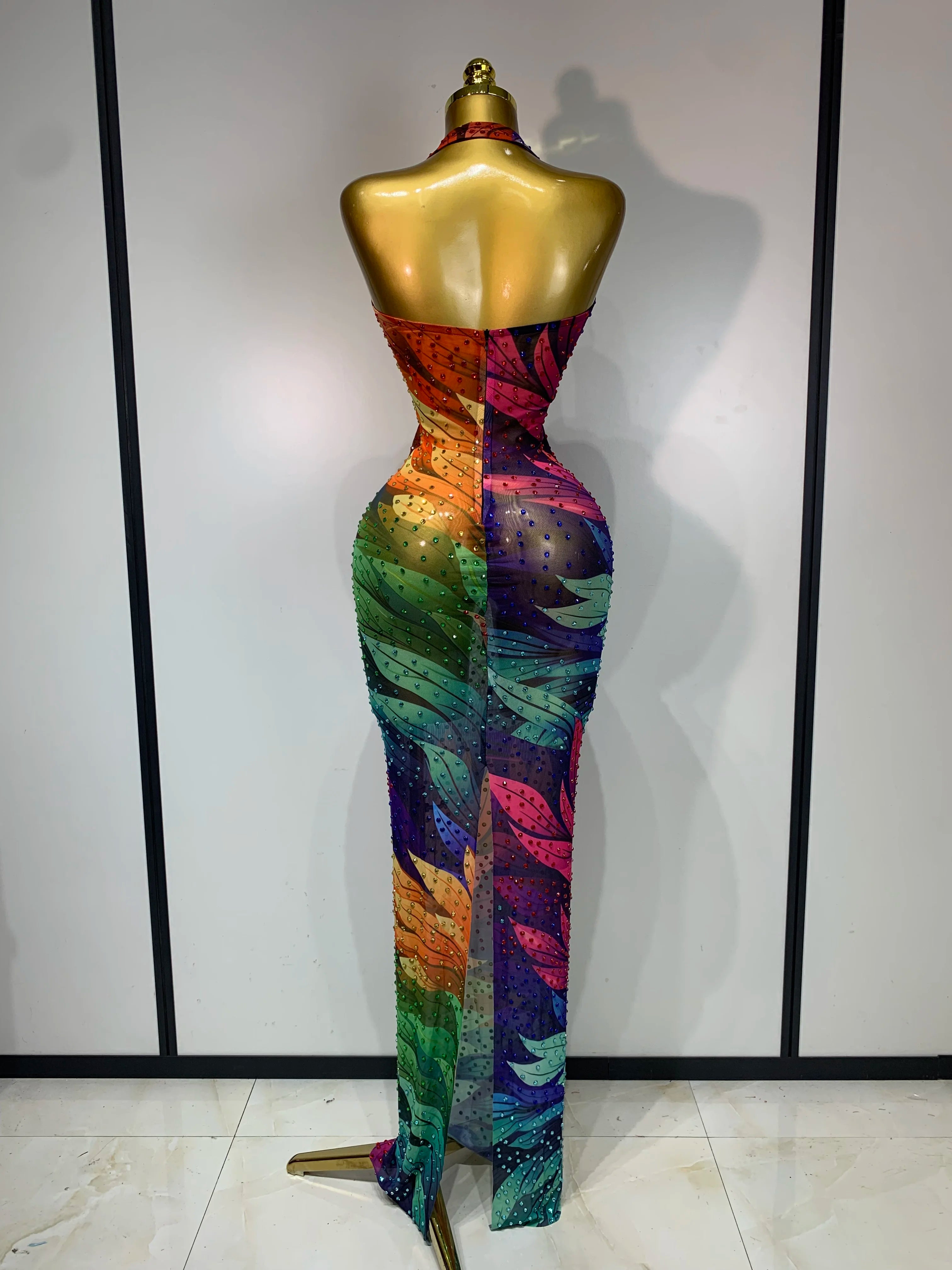 Cool Summer Halter Mesh Sparkly Rhinestone Dress