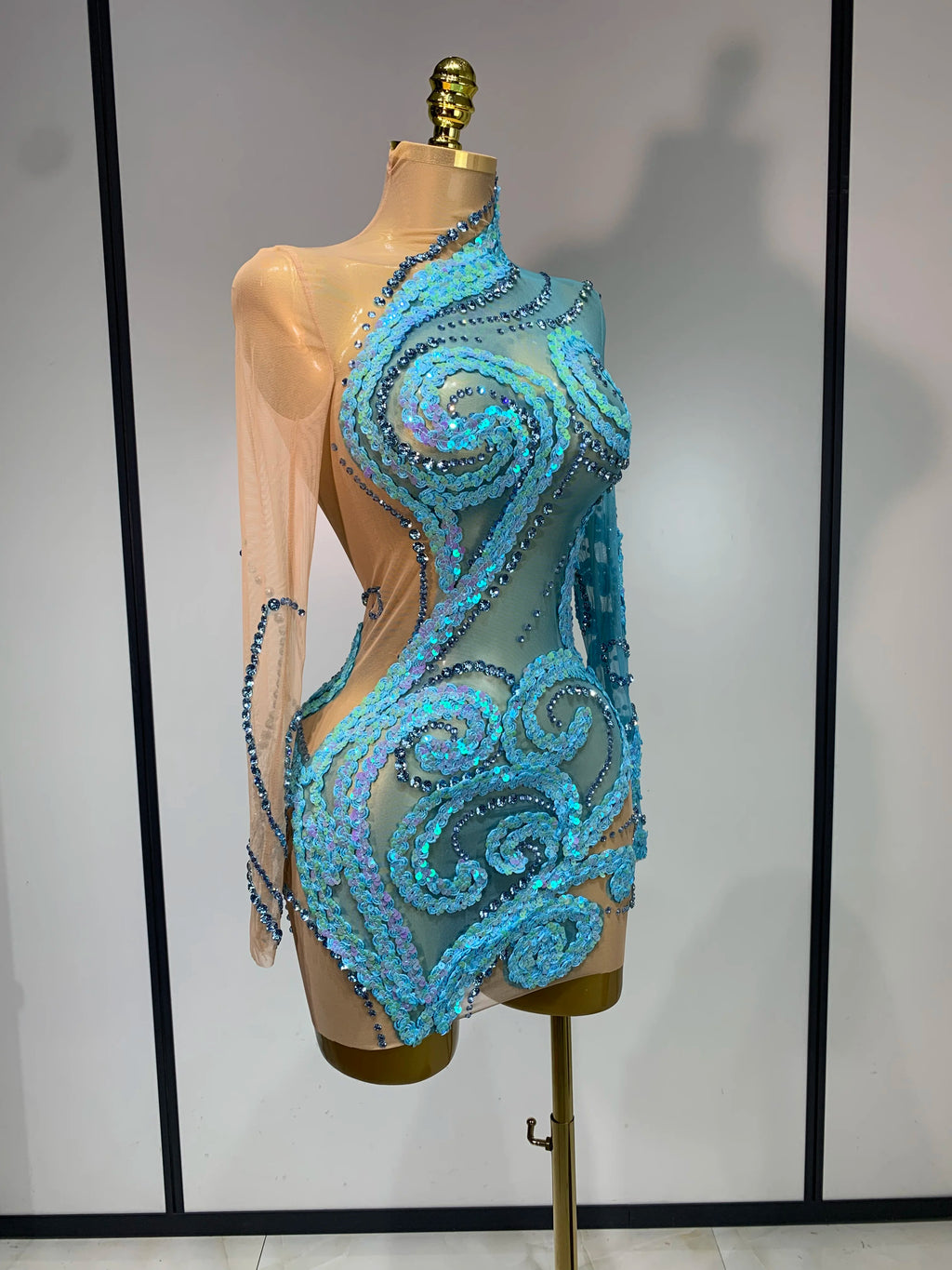 Ocean Swirl Sequin Mini Mesh Dress