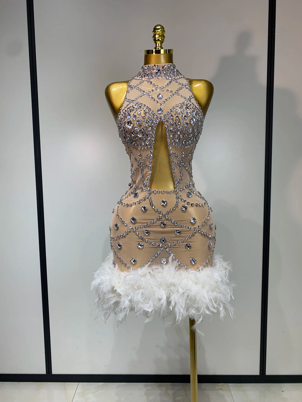 Luxury Diamonds Feather Mesh Mini Dress