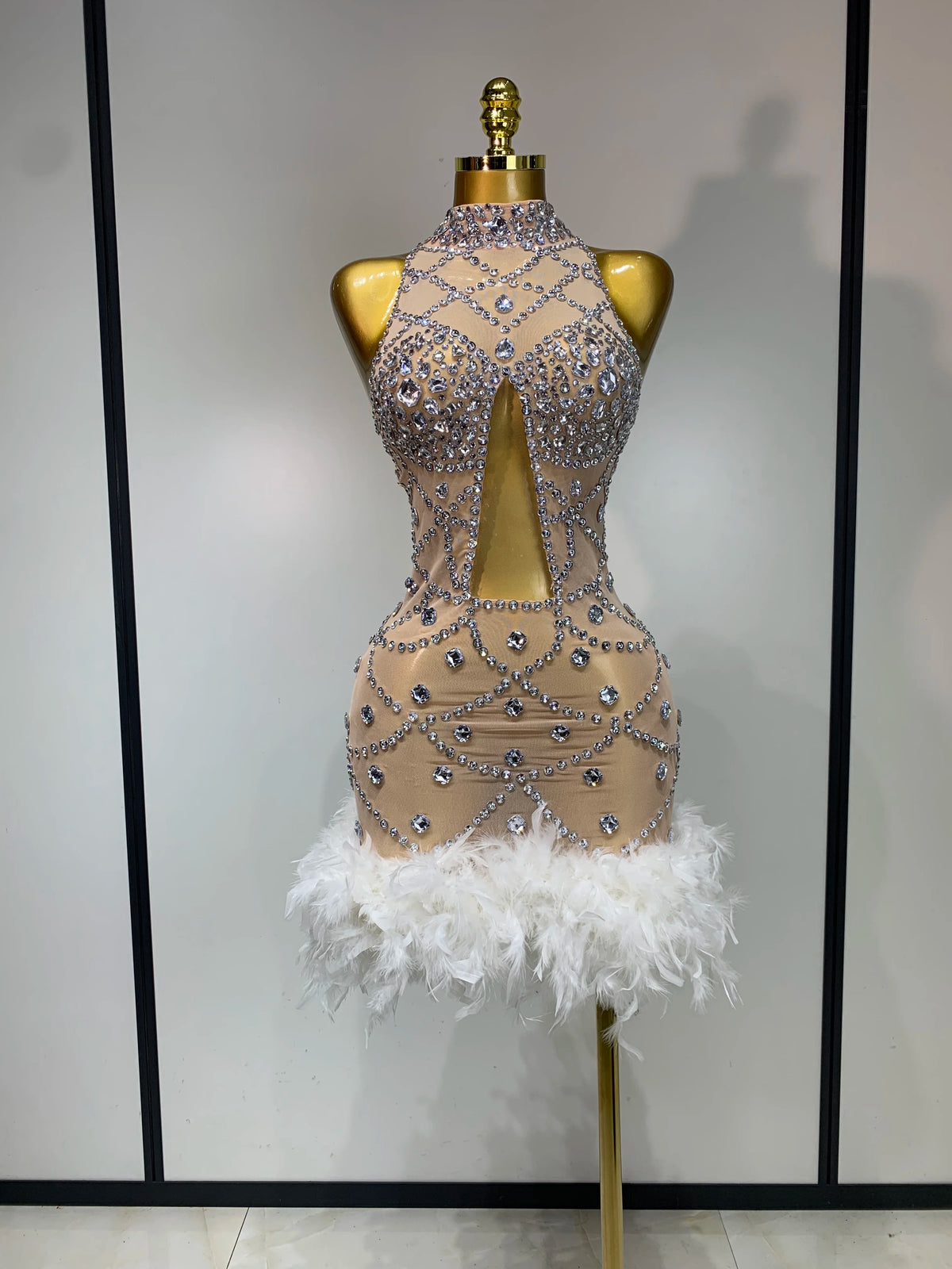 Luxury Diamonds Feather Mesh Mini Dress