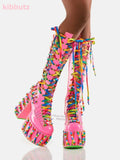 Long Rainbow Lace Up Platform Boots