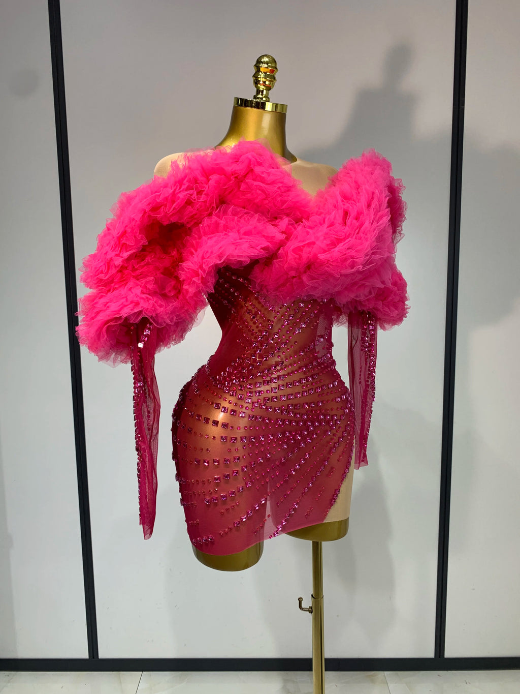 Pink Long Sleeve Rhinestone Mesh Mini Dress