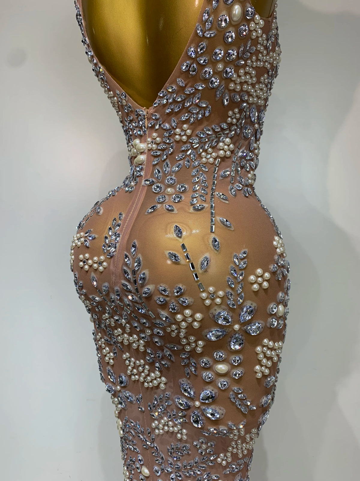 Diamonds Mesh See Through Long Dress