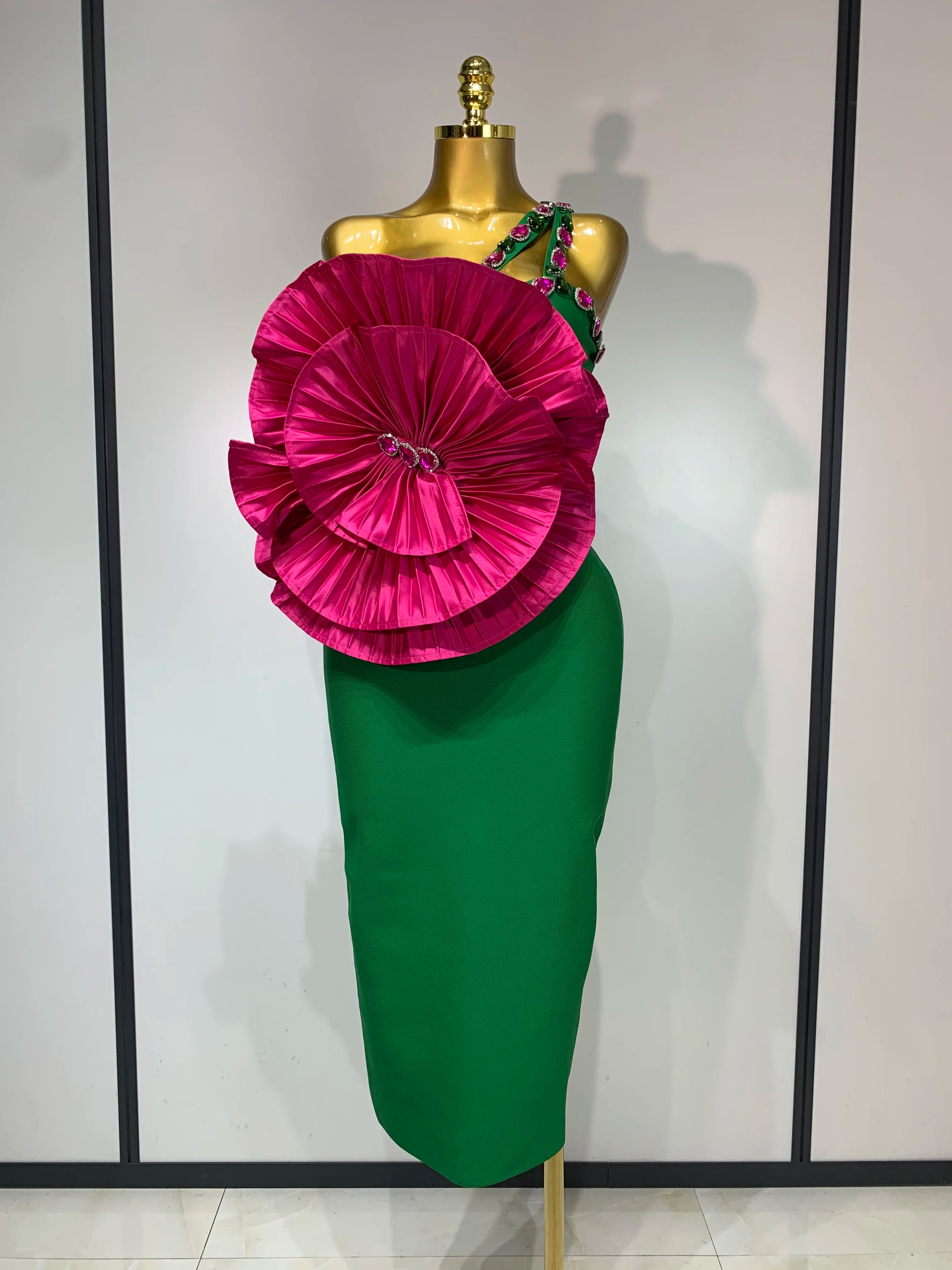 Flower Sparkly Crystal One Shoulder Dress