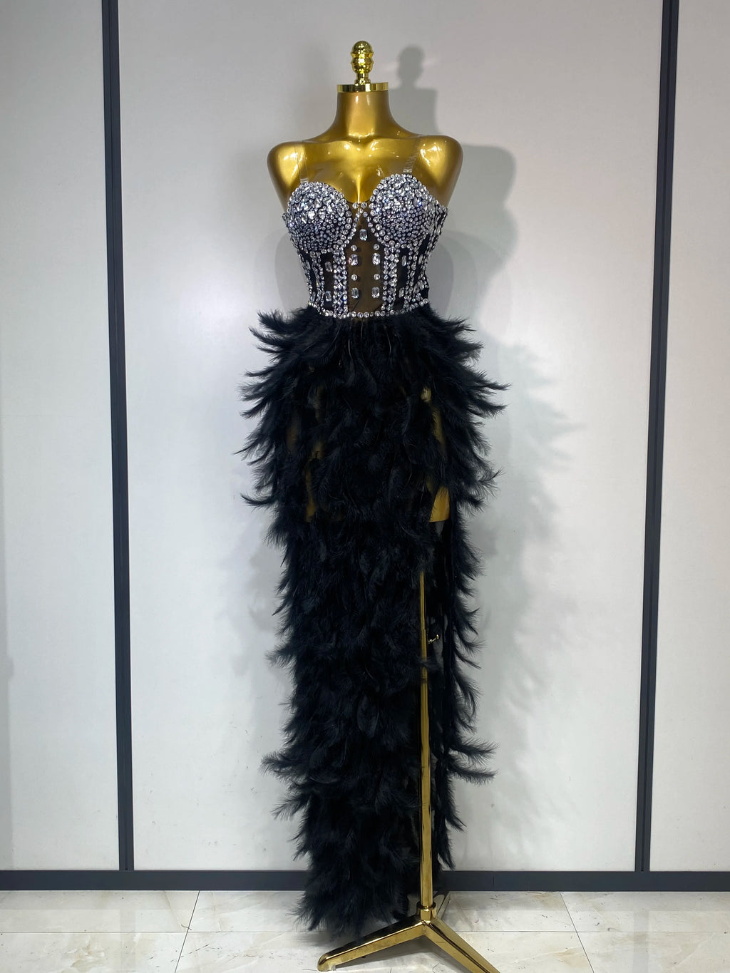 Sparkly Rhinestone Feather Mesh Dress