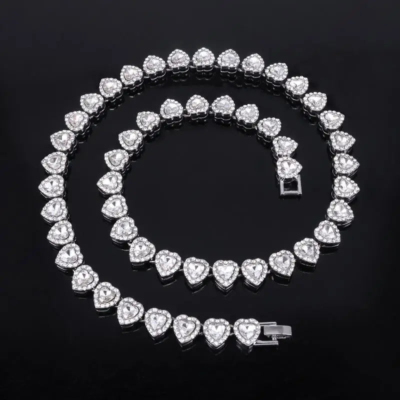 Heart Rhinestone Tennis Chain Necklace & Matching Bracelet