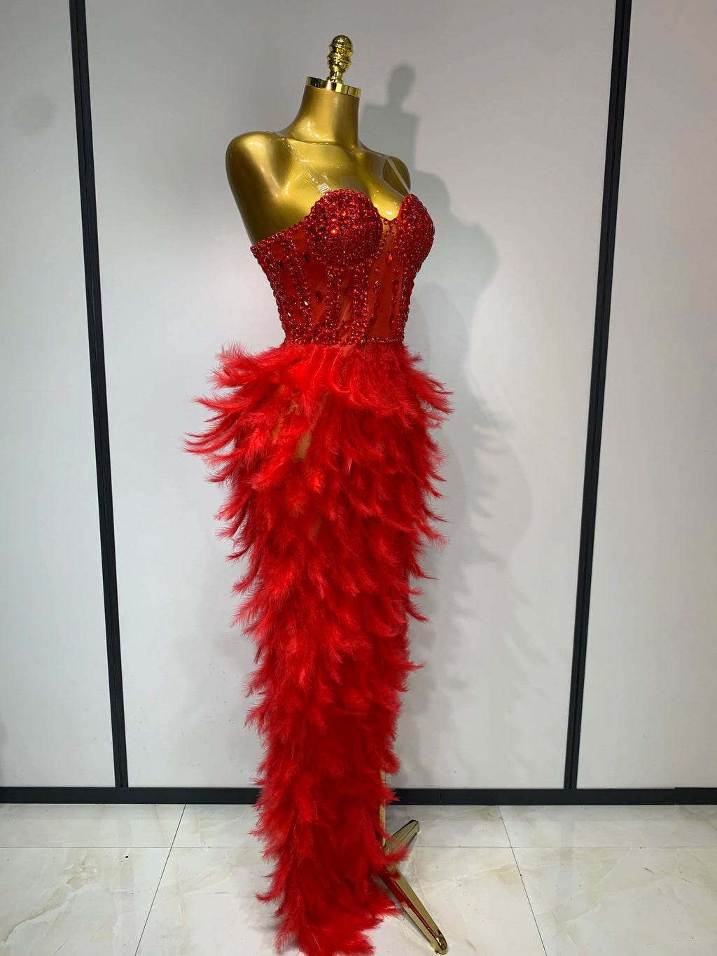 Sparkly Rhinestone Feather Mesh Dress