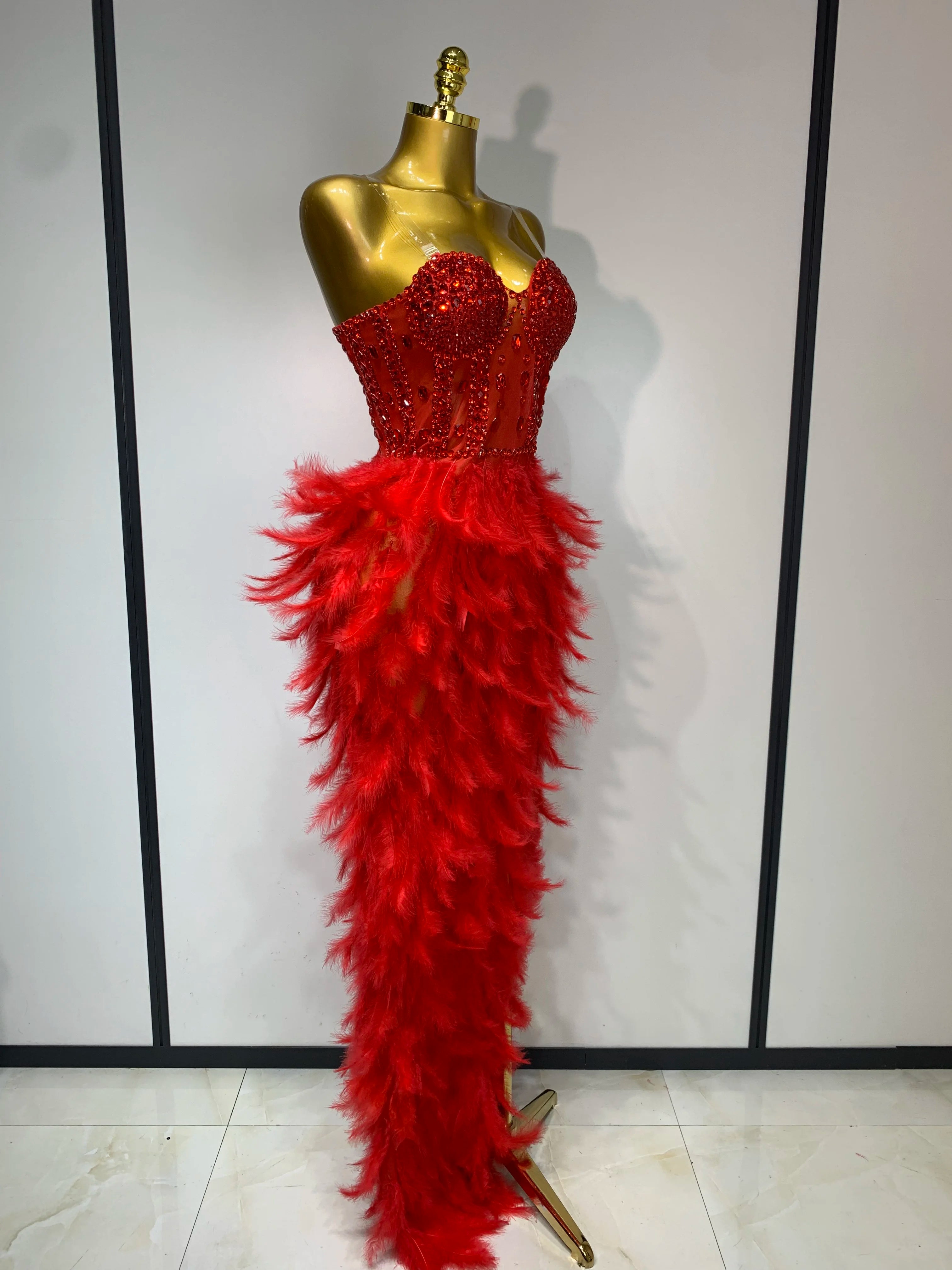 Sparkly Rhinestone Feather Mesh Dress