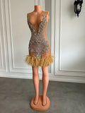 Gold Diamond Crystal Sparkly Feather Dress