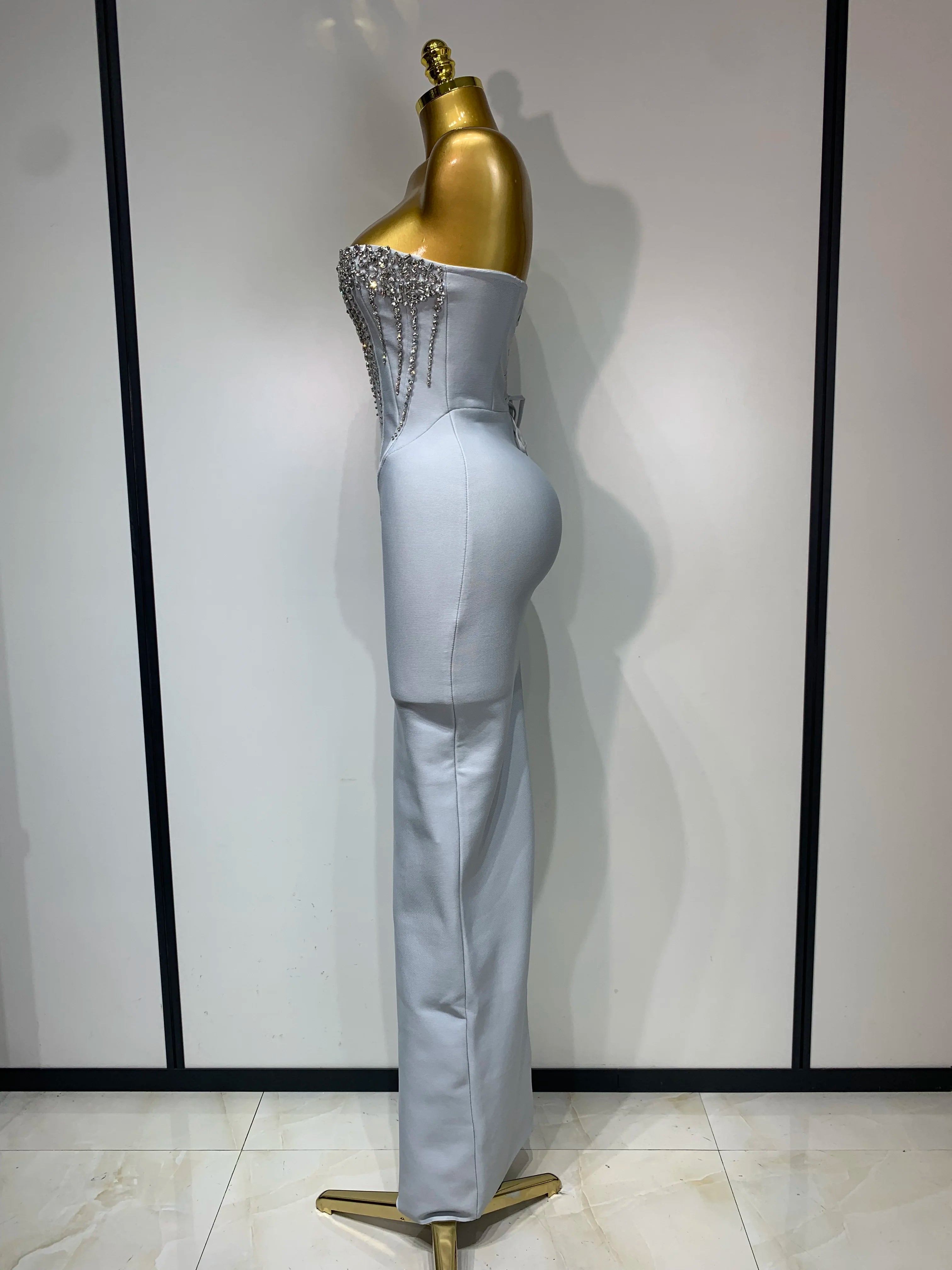 Gray Silver Rhinestone Tube Corset Dress