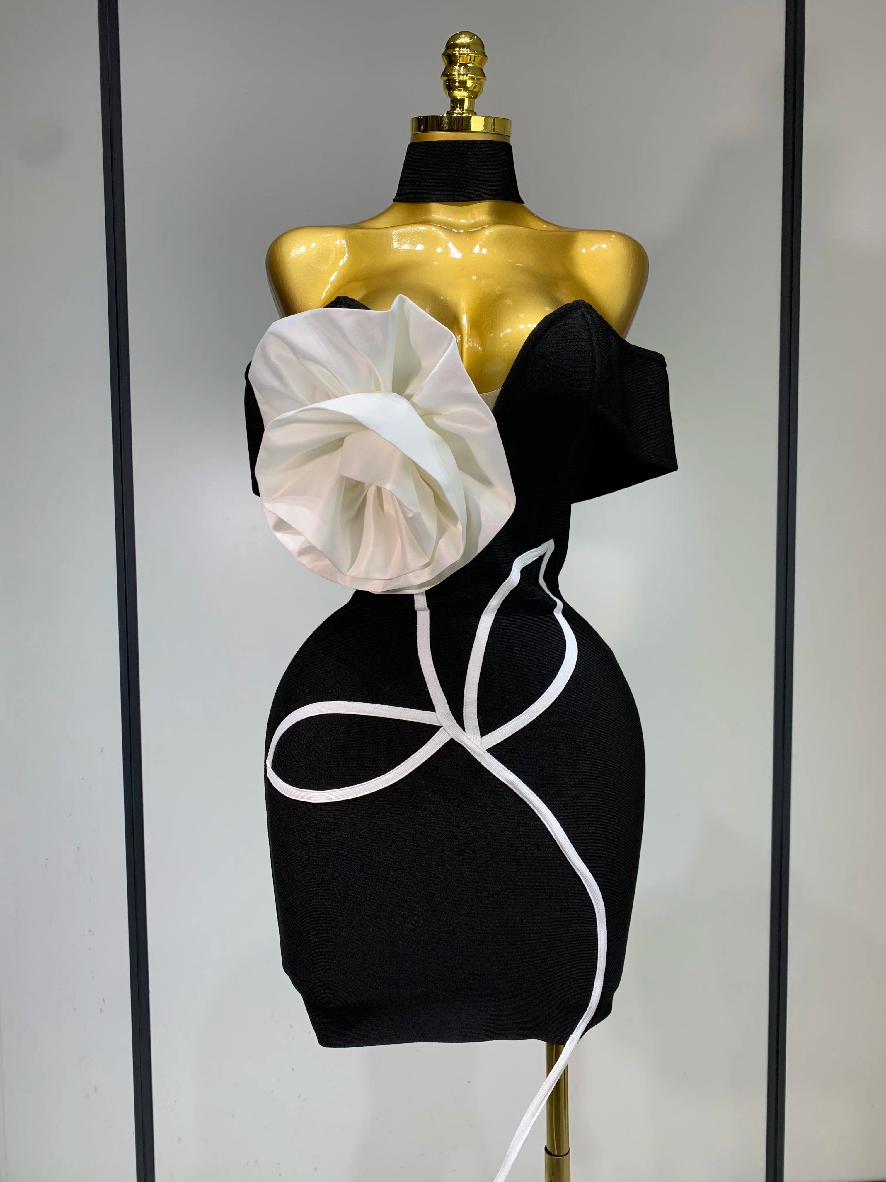 White & Black Flower Mini Bodycon Dress