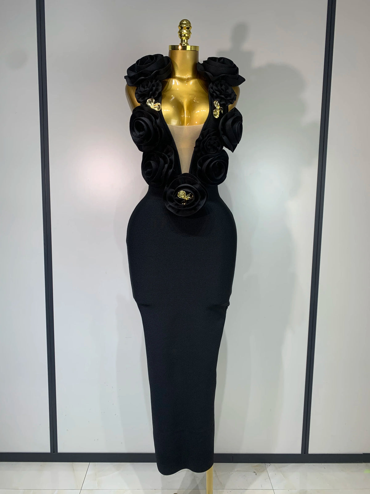 Rose V Neck Mesh 3D Flower Dress
