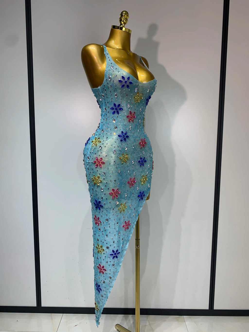 Sparkly Diamonds High Split Mesh Dress