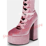 Pink Velvet Lace Up Boots