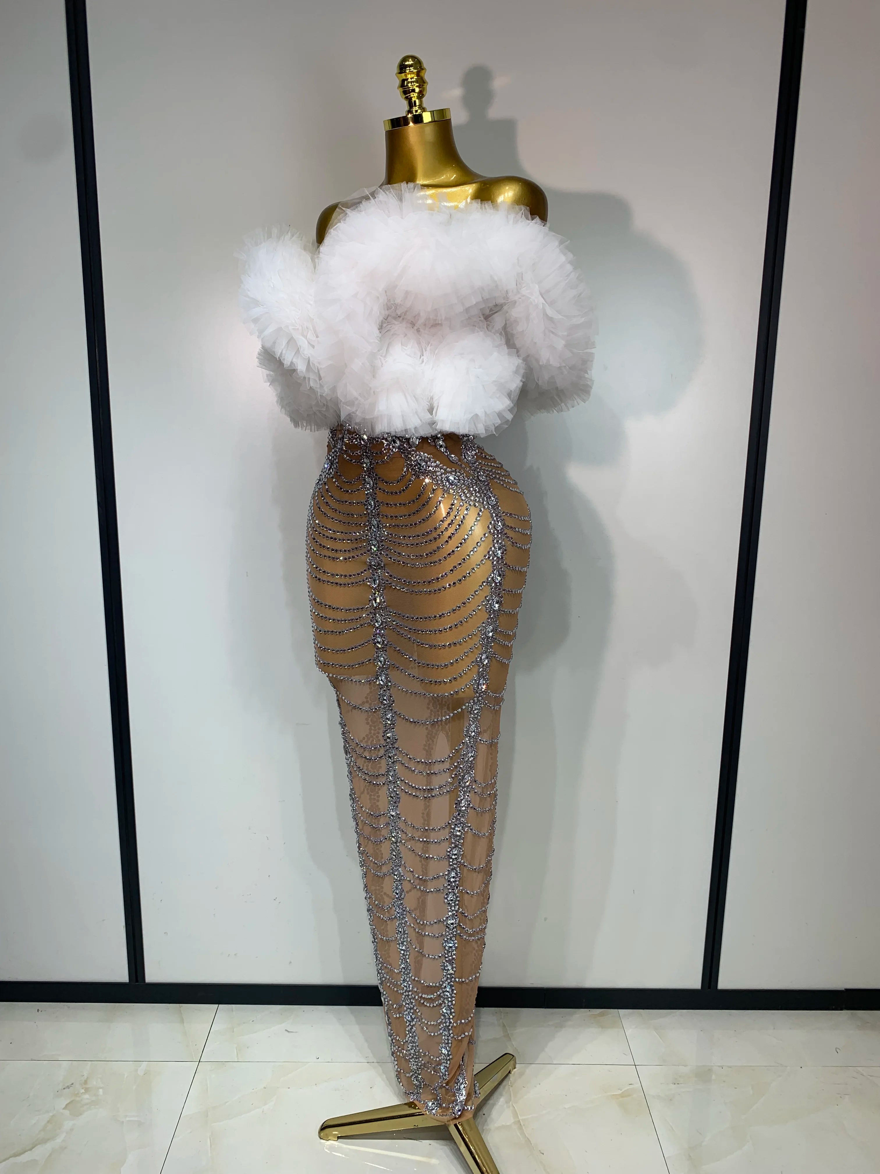 White Fluffy Luxurious Rhinestone Bodycon Dress