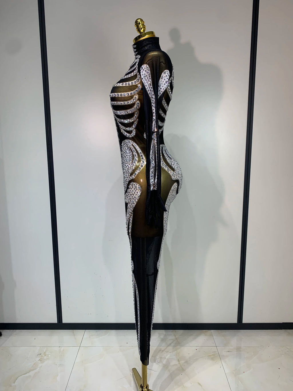 Skeleton Mesh Rhinestone Jumpsuit