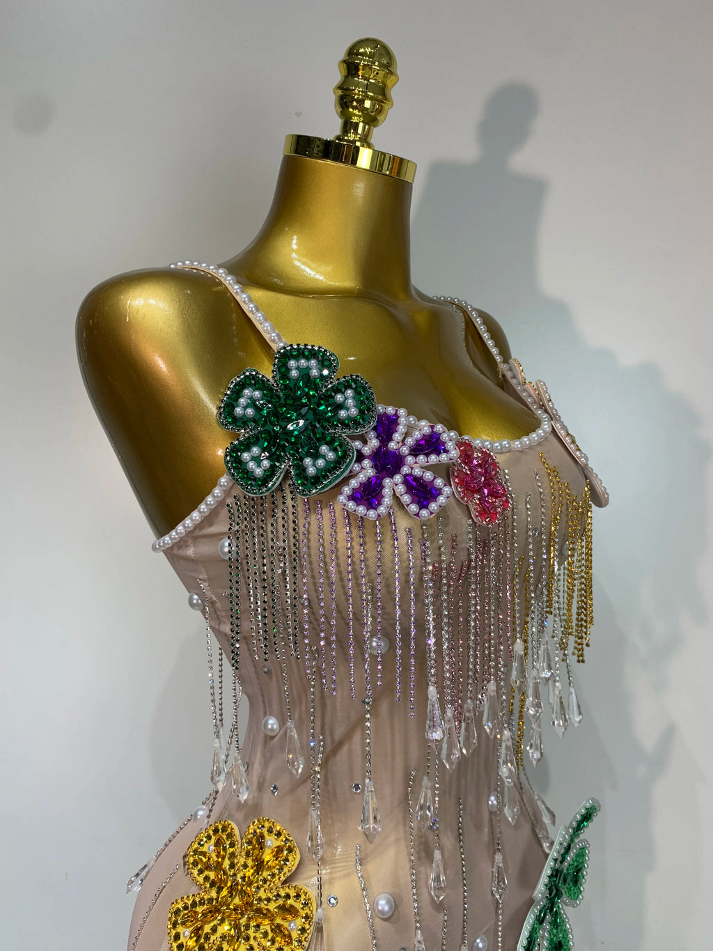 Flower Rhinestone Pearl Mesh Mini Dress