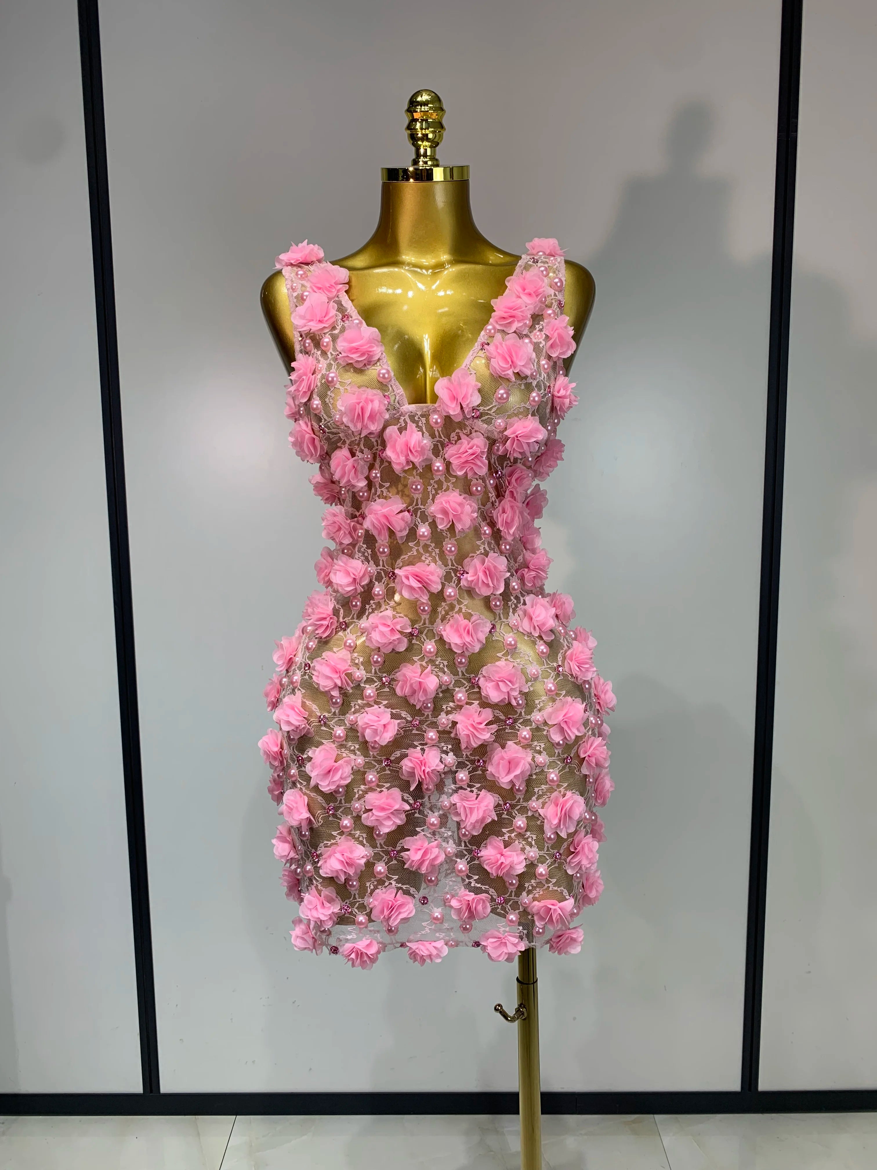 Flowers Pearls Lace Mini Dress