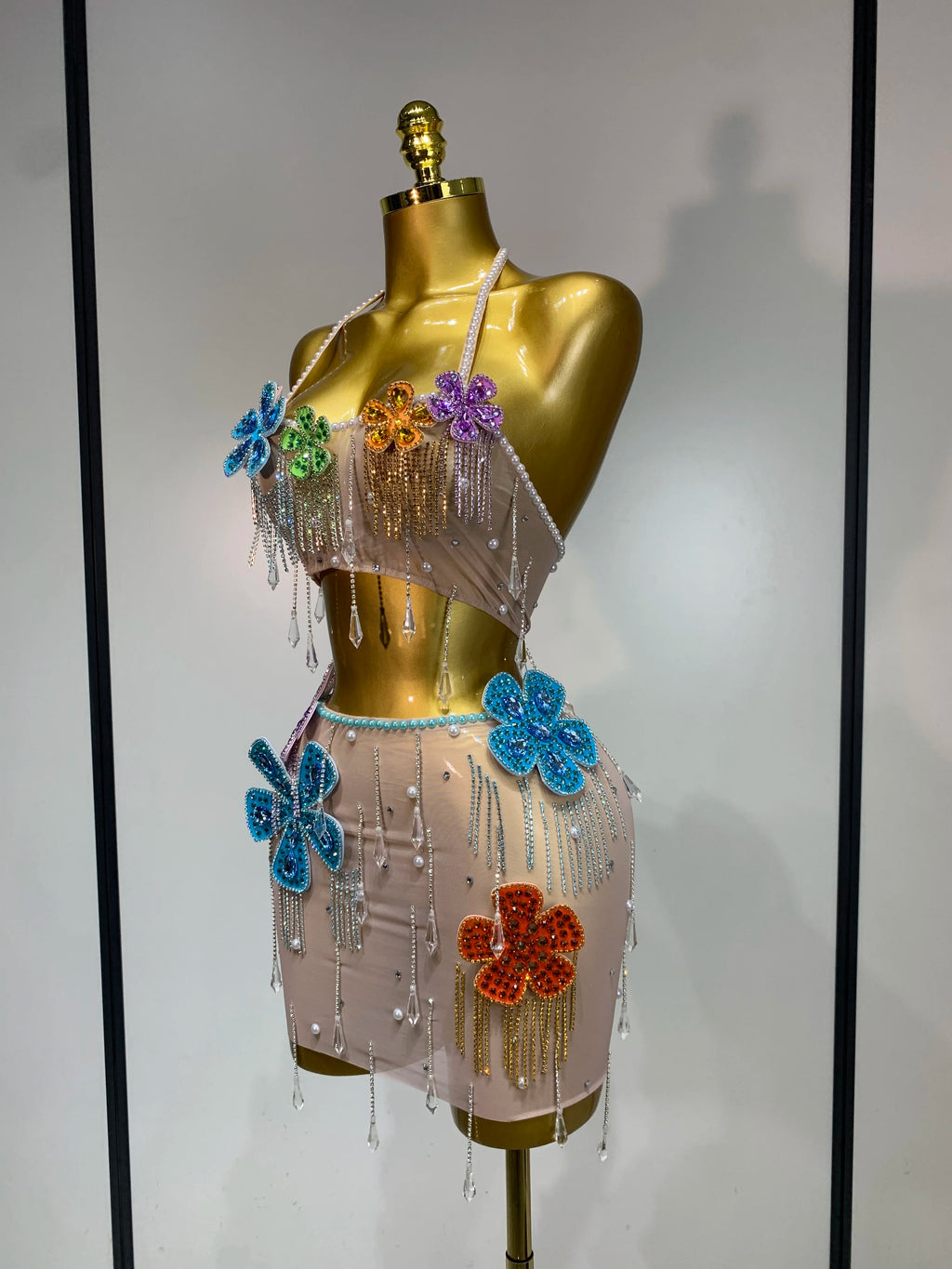 Flower Rhinestone Pearl Top & Mini Skirt Two Piece Set