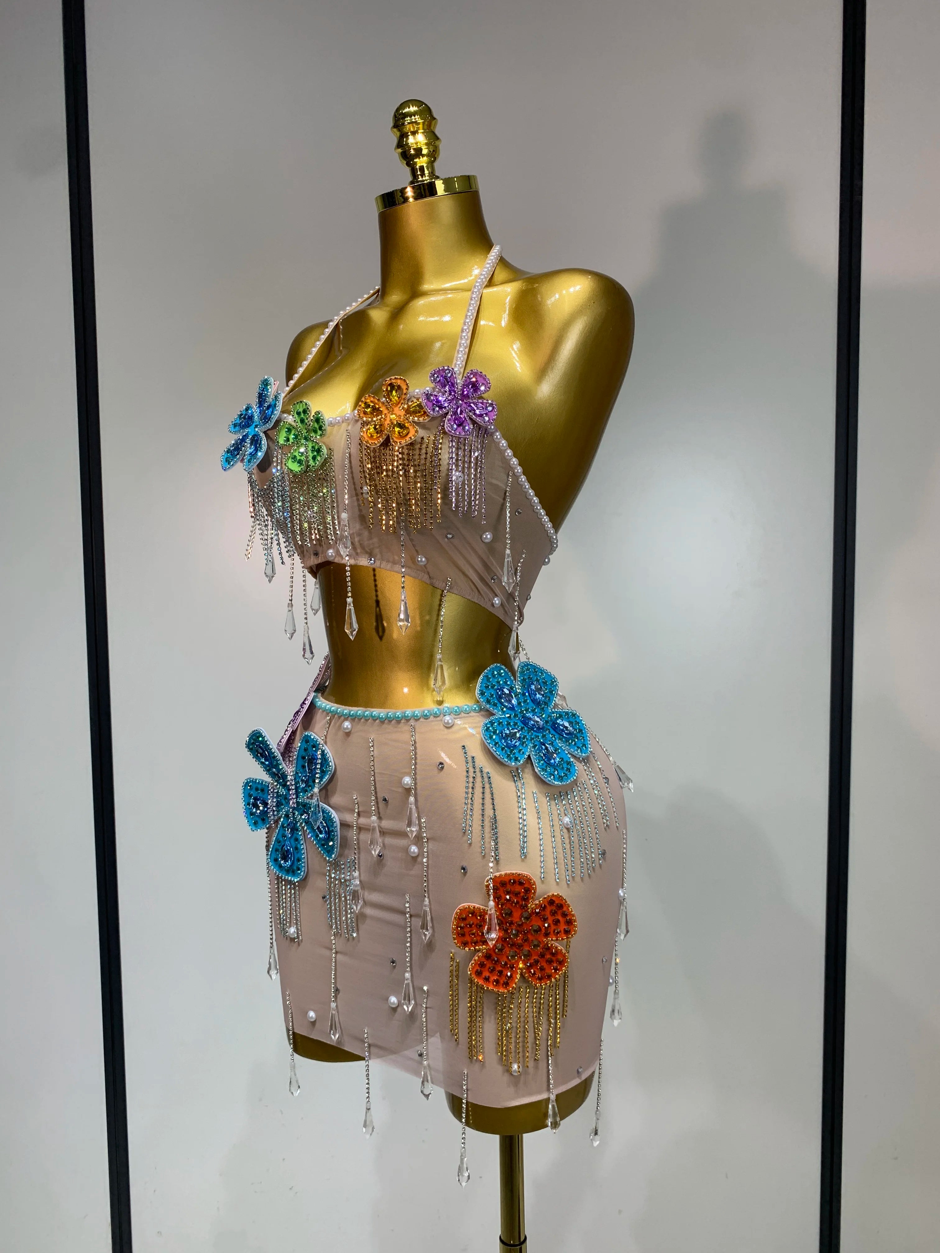Flower Rhinestone Pearl Top & Mini Skirt Two Piece Set