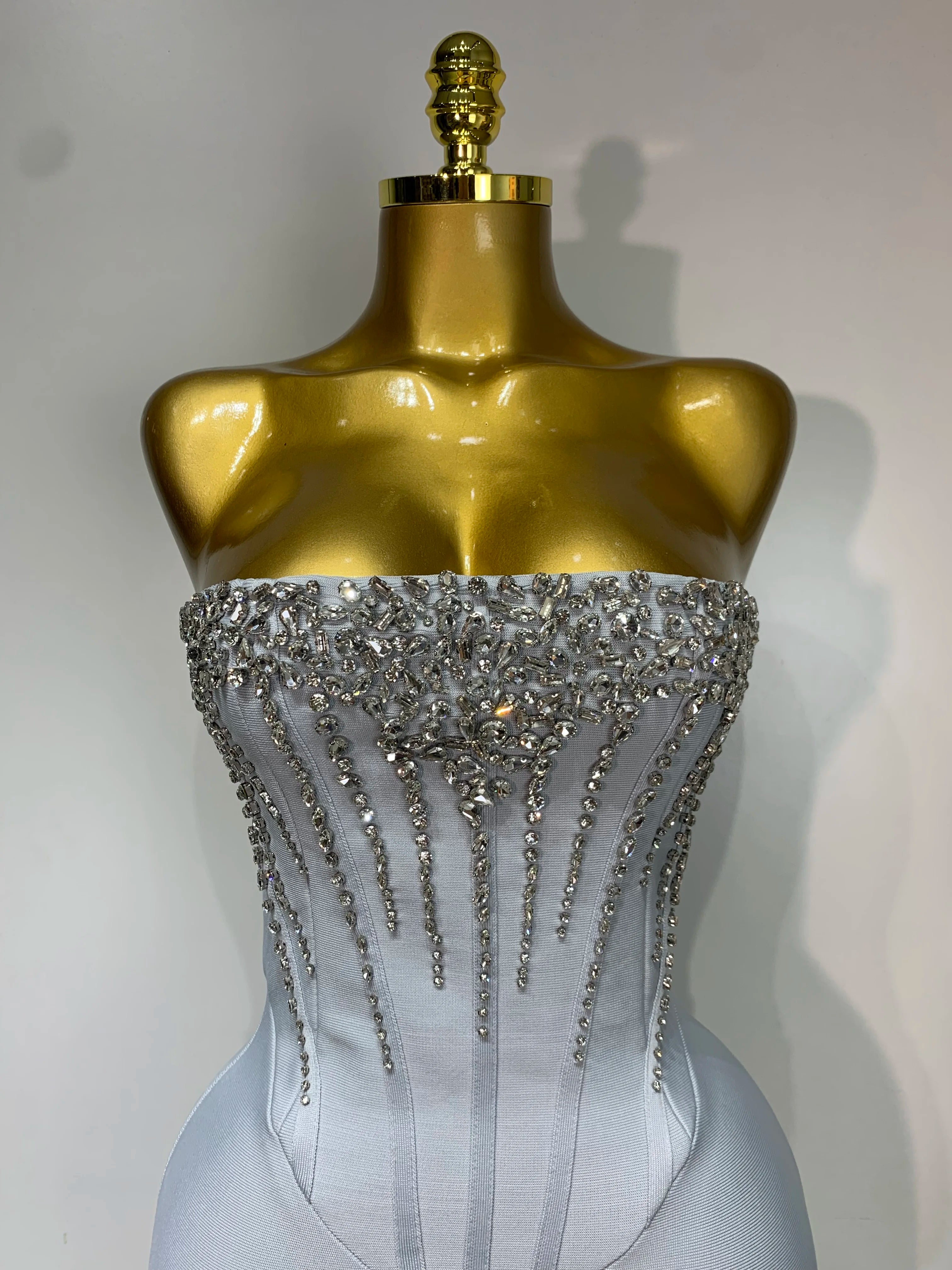 Gray Silver Rhinestone Tube Corset Dress