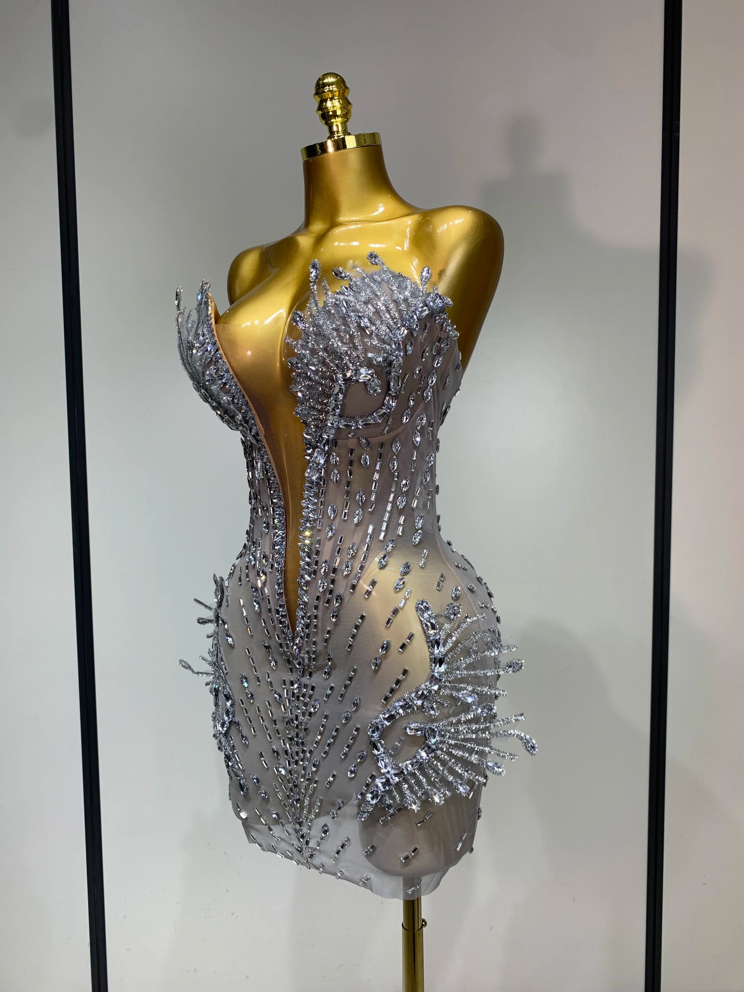 Luxury Silver Sparkly Diamonds Mini Dress