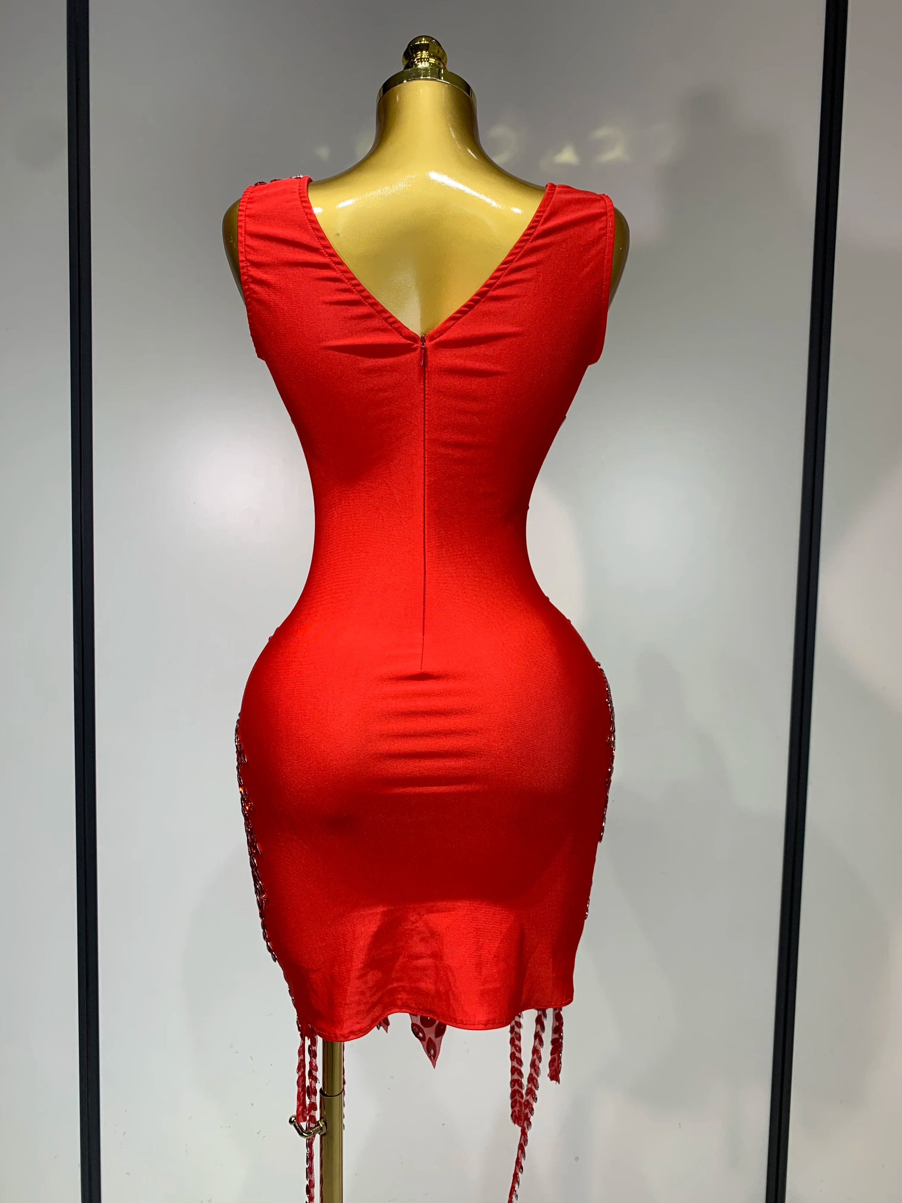Sparkly Rhinestone Mesh V Neck Dress
