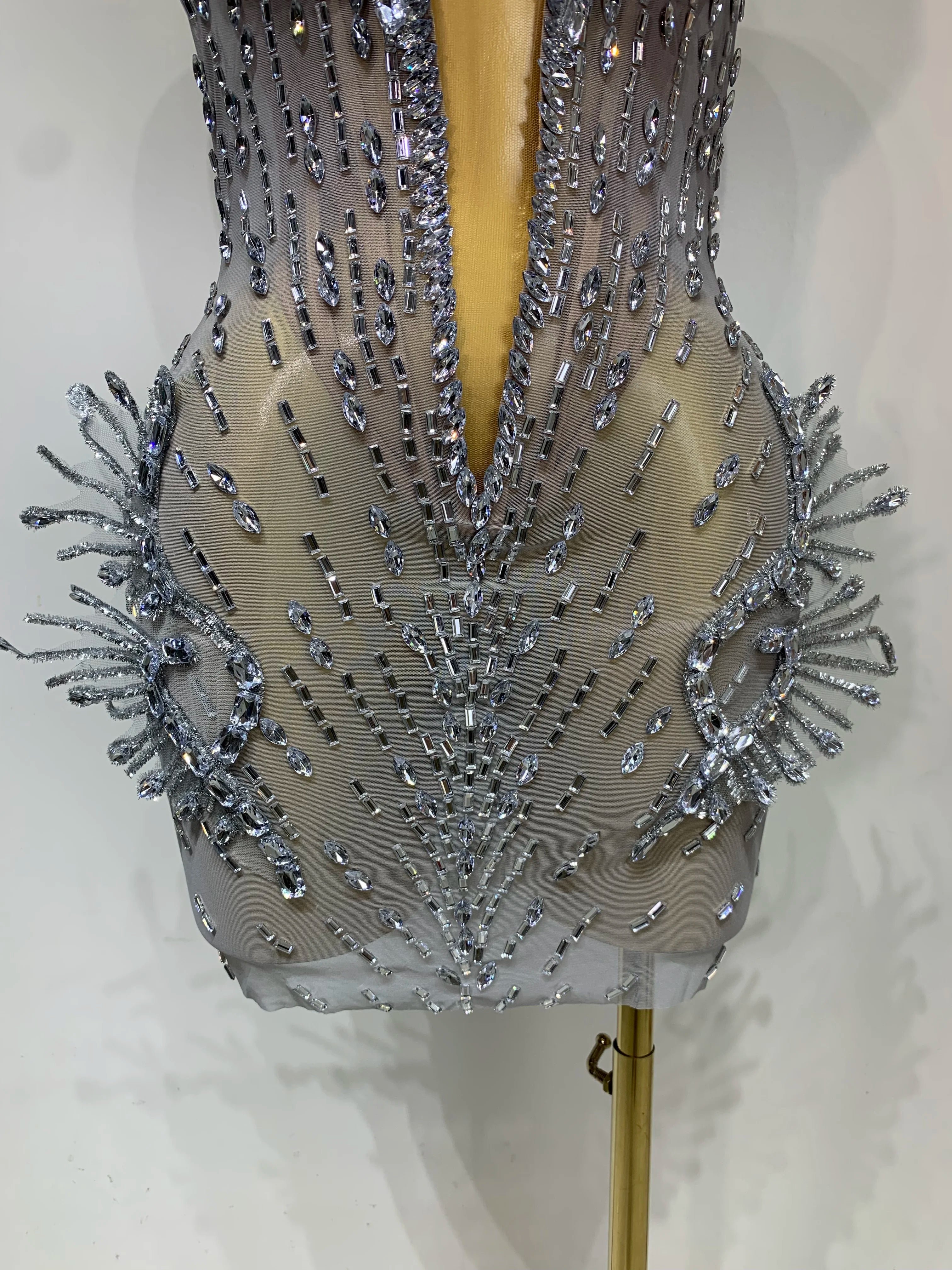 Luxury Silver Sparkly Diamonds Mini Dress